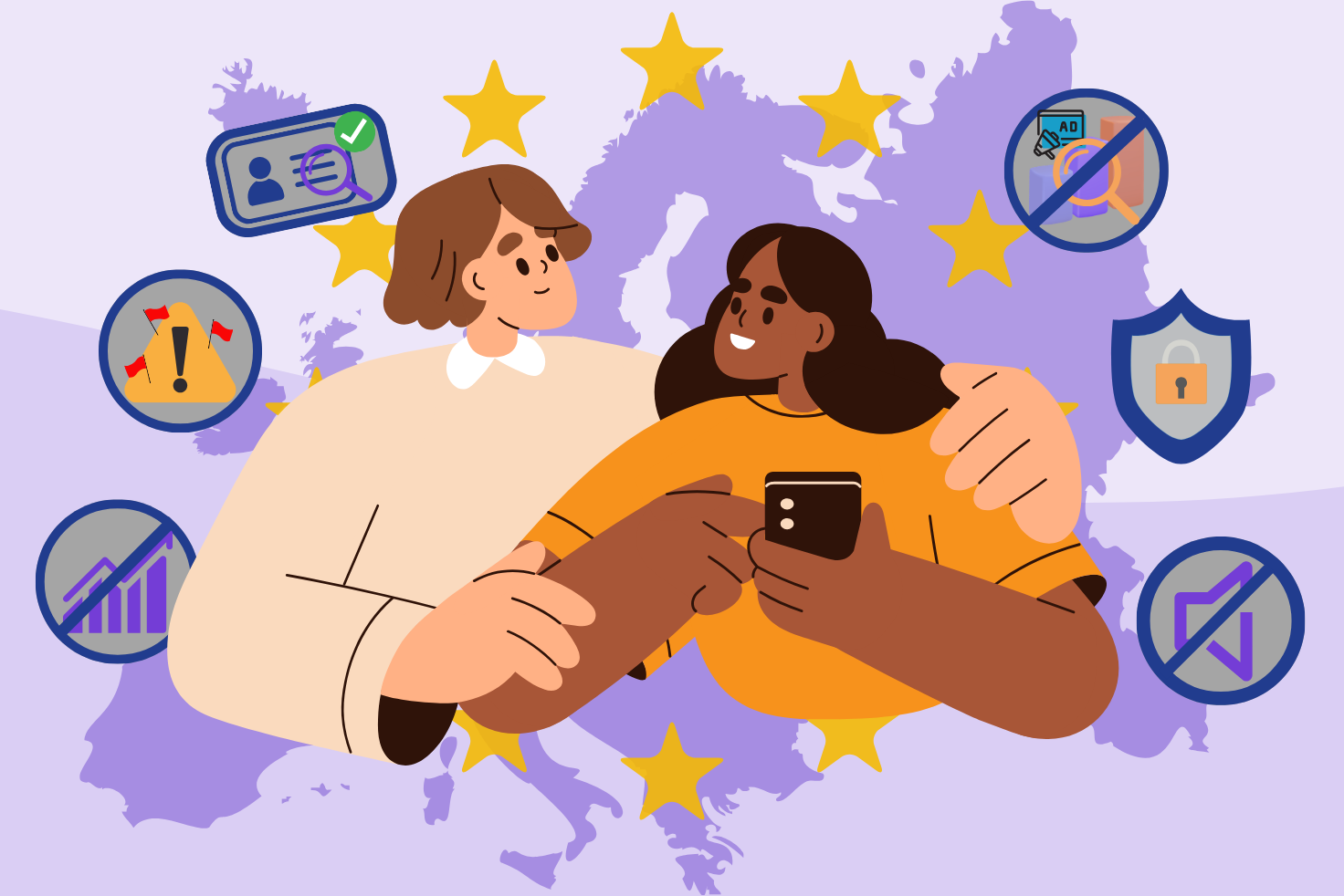 Illustration of two young people holding a phone and surrounded by social media icons