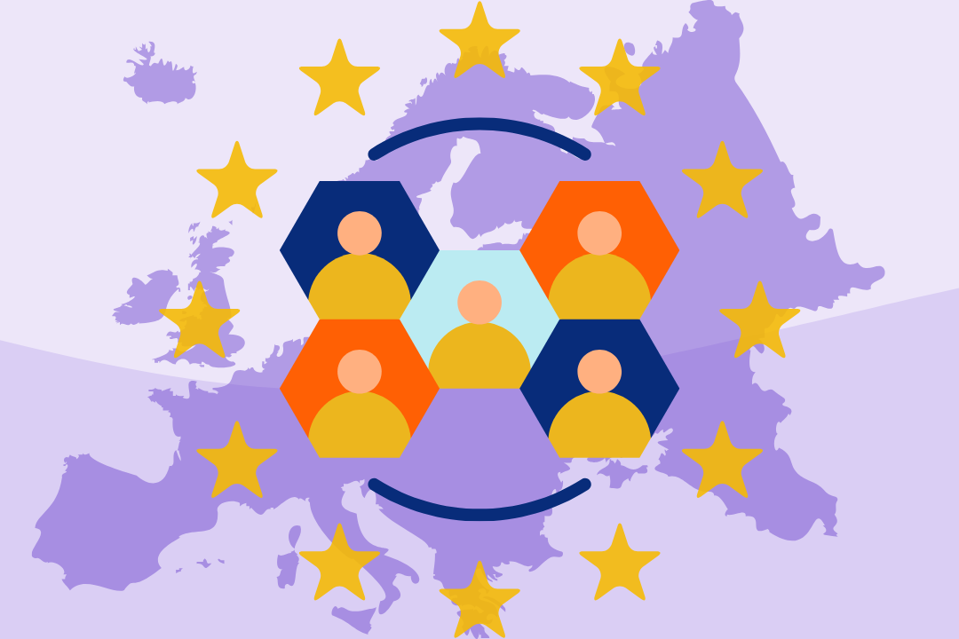 Illustration of four stakeholder group collaborating in a European conote