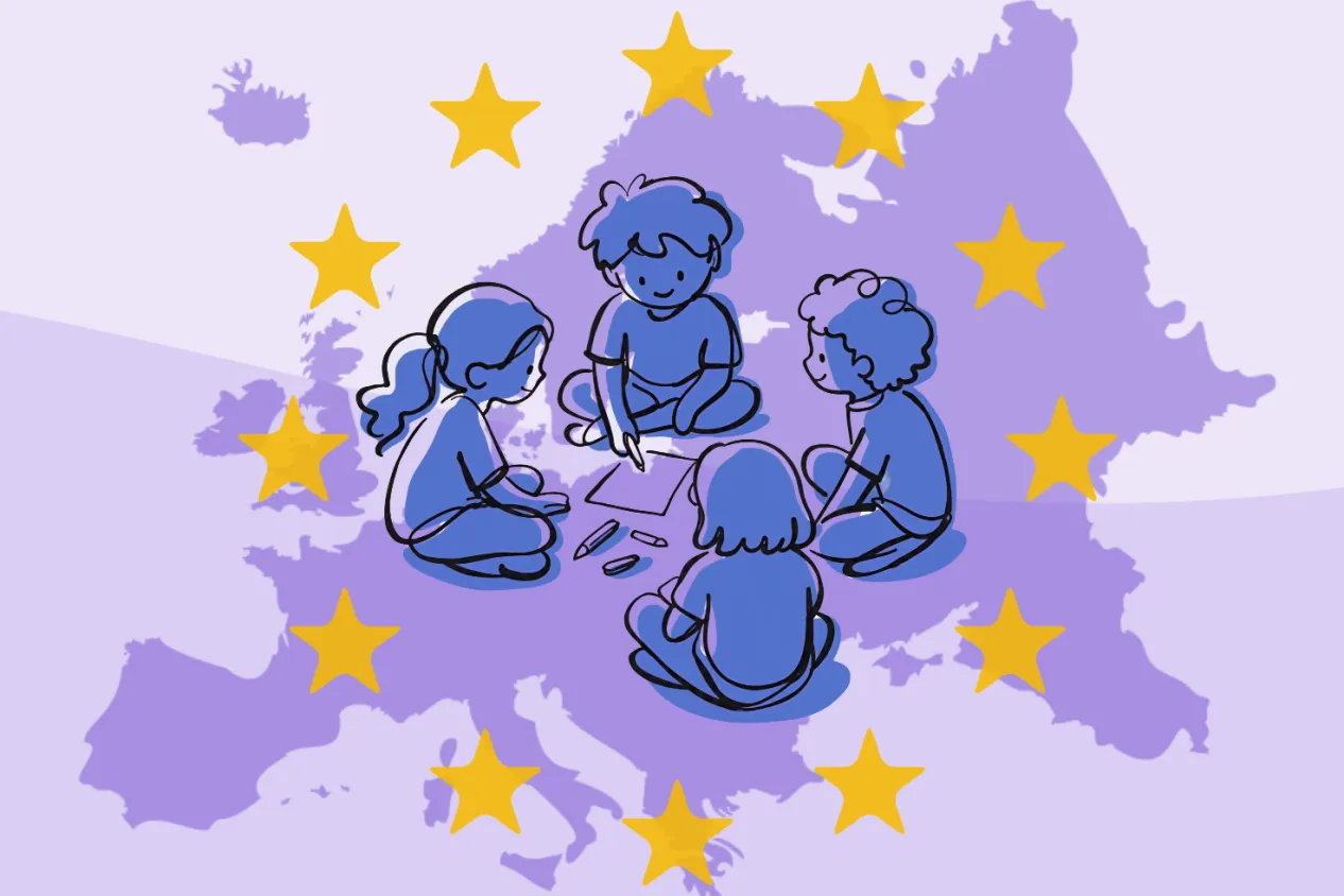 Illustration of four children playing together surrounded by the EU stars, and a map of Europe in the background