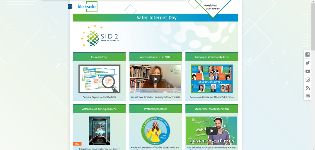 klicksafe's Safer Internet Day landing page with a survey, video series and new materials