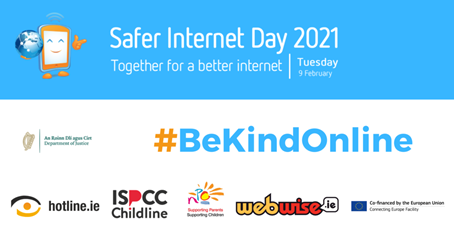 Banner for Webwise #BeKindOnline webinar series with the Safer Internet Day and Irish Safer Internet Centre's logos