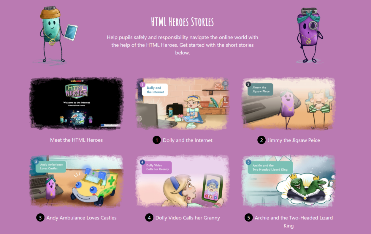 Graphic design illustrating the HTML Heroes short stories, to help pupils safely and responsibly navigate the online world.