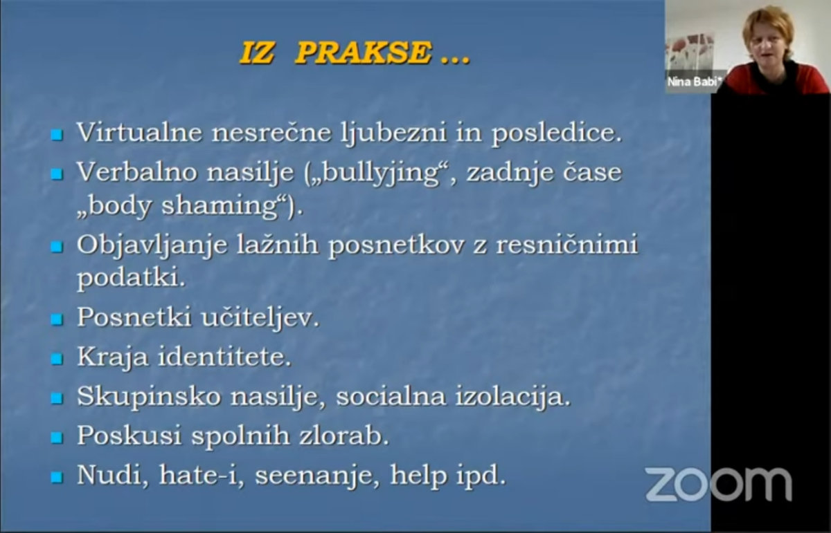 Screenshot of the lecture on cyberbullying organised by the Slovenian Safer Internet Centre