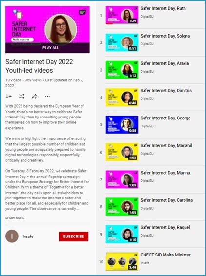 Screenshot of the YouTube playlist of the youth-led videos featuting Better Internet for Kids Youth Ambassadors and youth panellists from different European countries debating over the internet of the future.