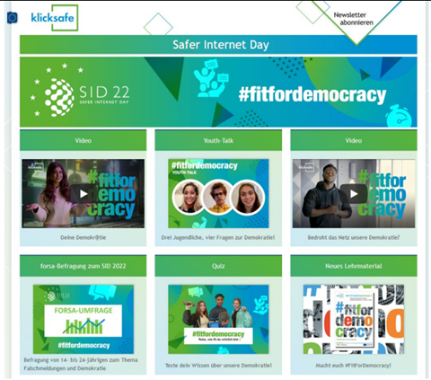 Screenshot of the Safer Internet Day multimedia landing page on the website of the German Safer Internet Centre. Credits: klicksafe