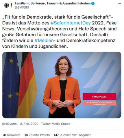 Screenshot of the tweet posted by the Federal Minister for Family Affairs, Anne Spiegel on the occasion of Safer Internet Day 2022. Credits: German Safer Internet Centre