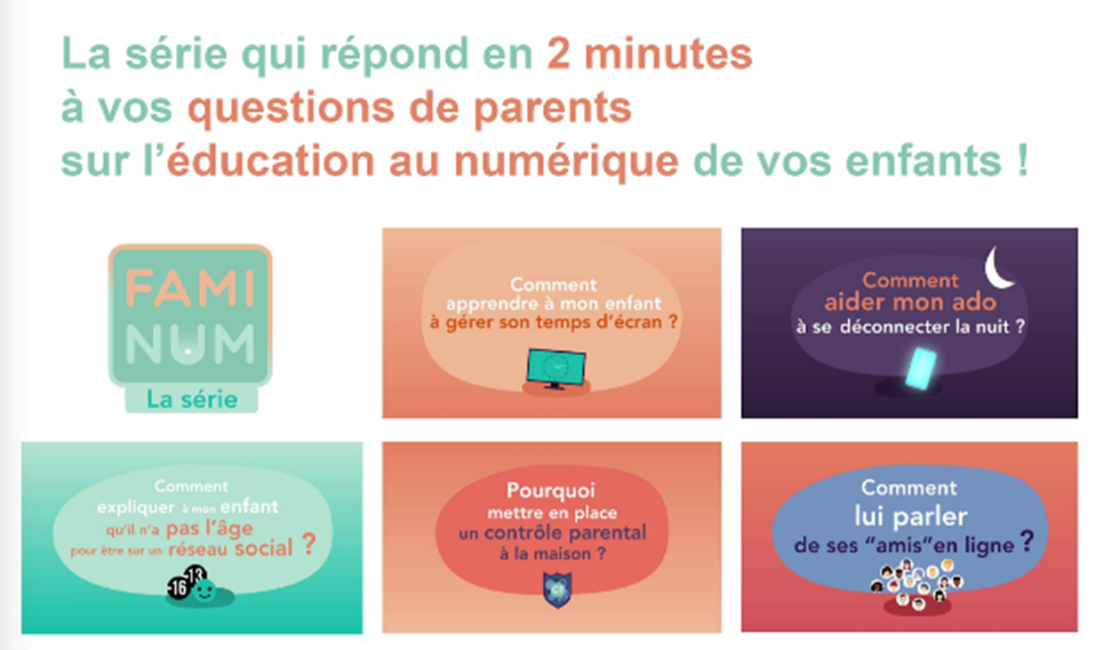 The photo says: 'the series that answers your parents' questions about your children's digital education in two minutes