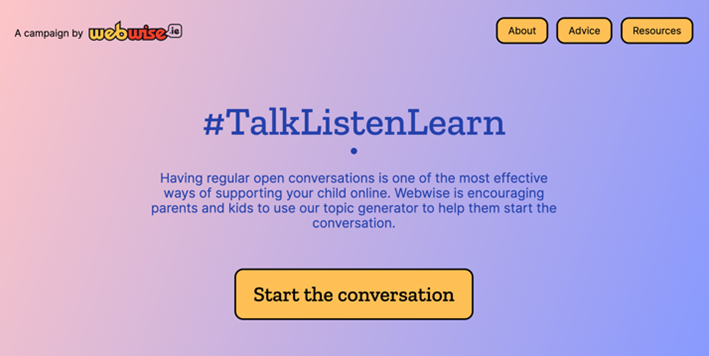 Official logo of the #TalkListenLearn campaign, to promote a more open and honest conversation between parents and children about online behaviours. Credits: Irish Safer Internet Centre