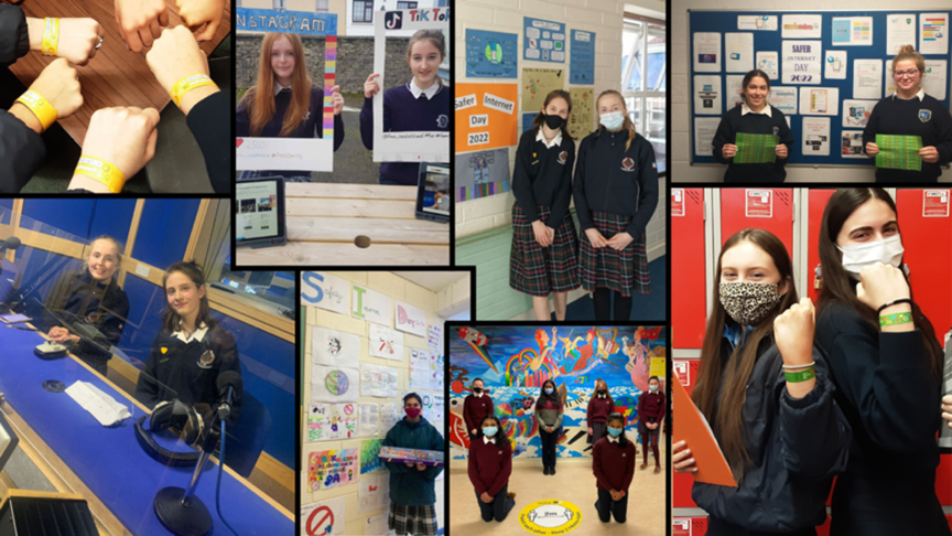 Collage of pictures taken to celebrate Safer Internet Day 2022 featuring Irish students and young people at school. Credits: Irish Safer Internet Centre