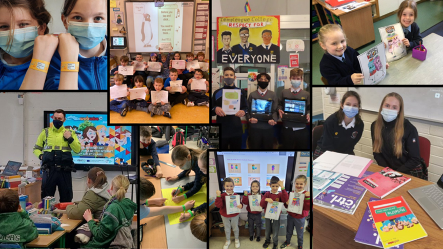 Collage of pictures taken on Safer Internet Day 2022 featuring young pupils celebrating at school. Credits: Irish Safer Internet Centre