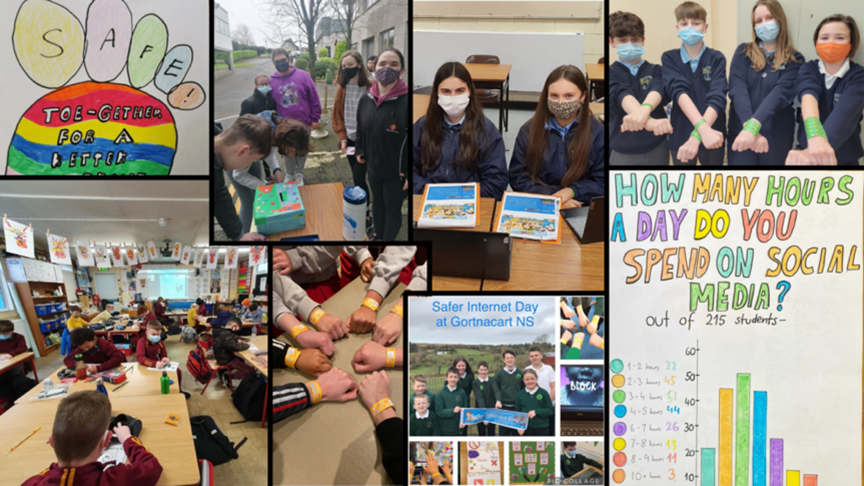 Collage of pictures featuring young pupils celebrating Safer Internet Day 2022 in schools, and posters