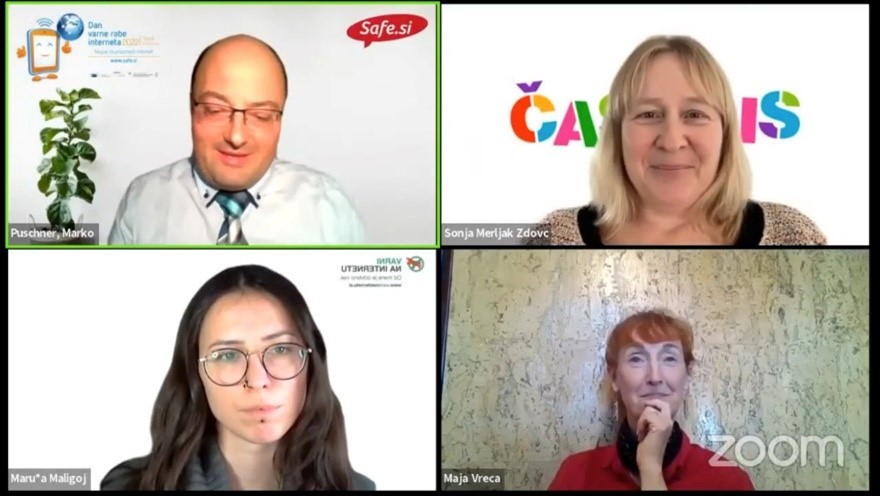 Screenshot of the online conference organised in Slovenia for Safer Internet Day 2022, featuring 4 speakers on Zoom