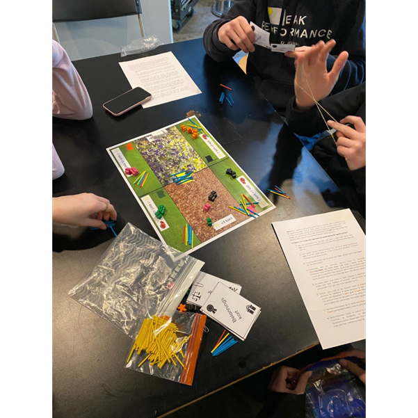 An overview of a board game and several young people sitting around the table.