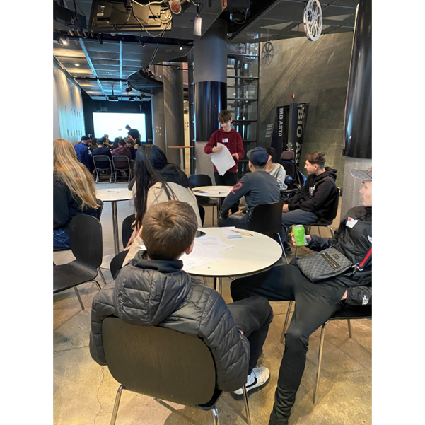 View of a room full of young people divided in group tables.