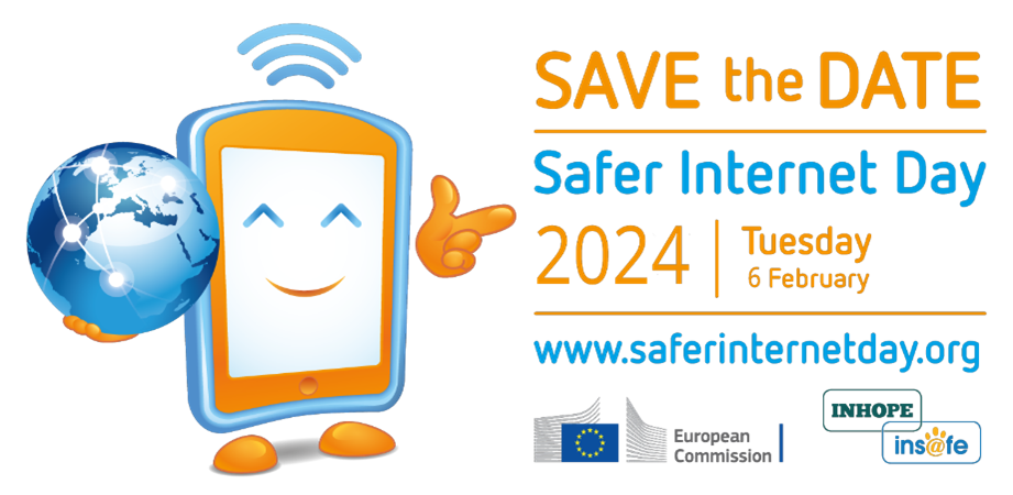 Official design for SID2024. Save the date for Safer Internet Day 2024 on Tuesday, 6 February. More information on www.saferinternetday.org