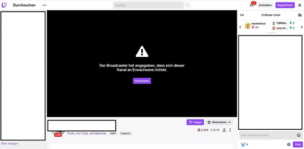 Screenshot of the warning message that a stream is dedicated to an adult audience. It is always possible to click the warning away.