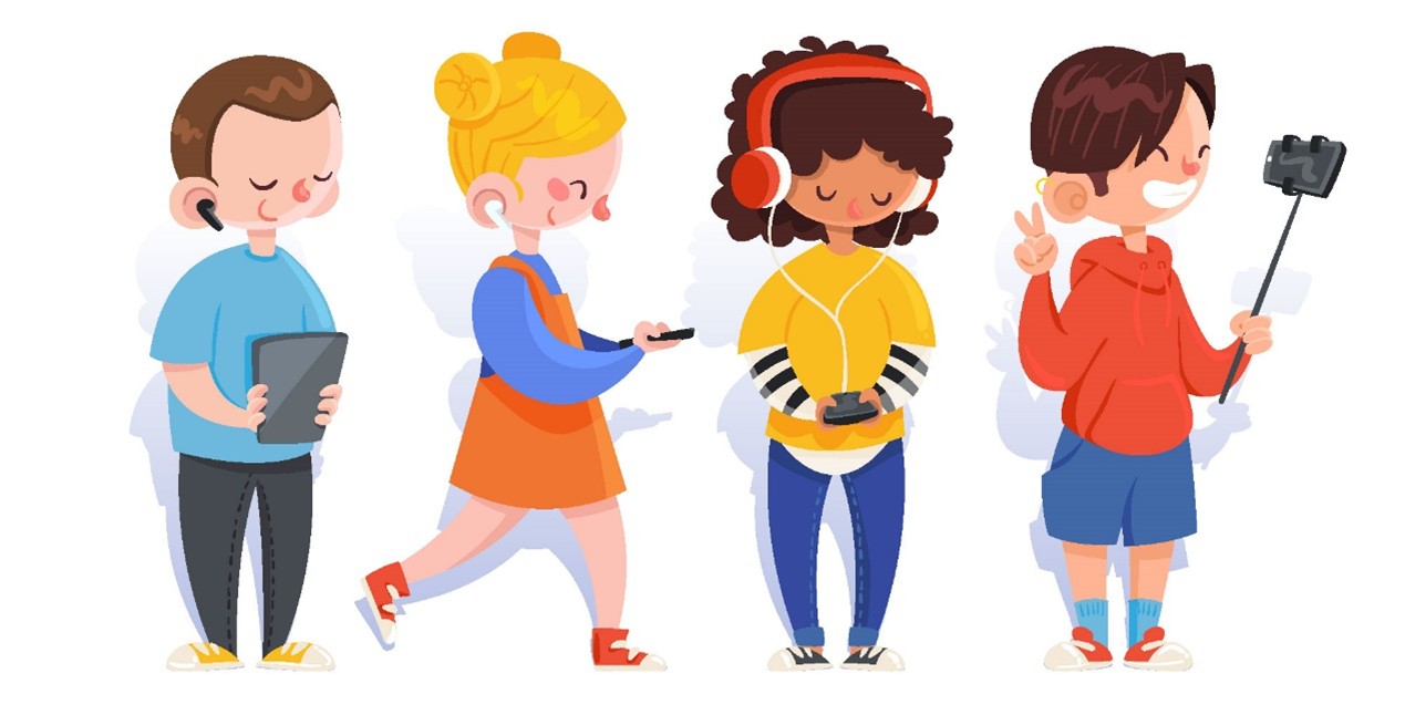 Four young people using devices for either listening to music or taking a selfie.
