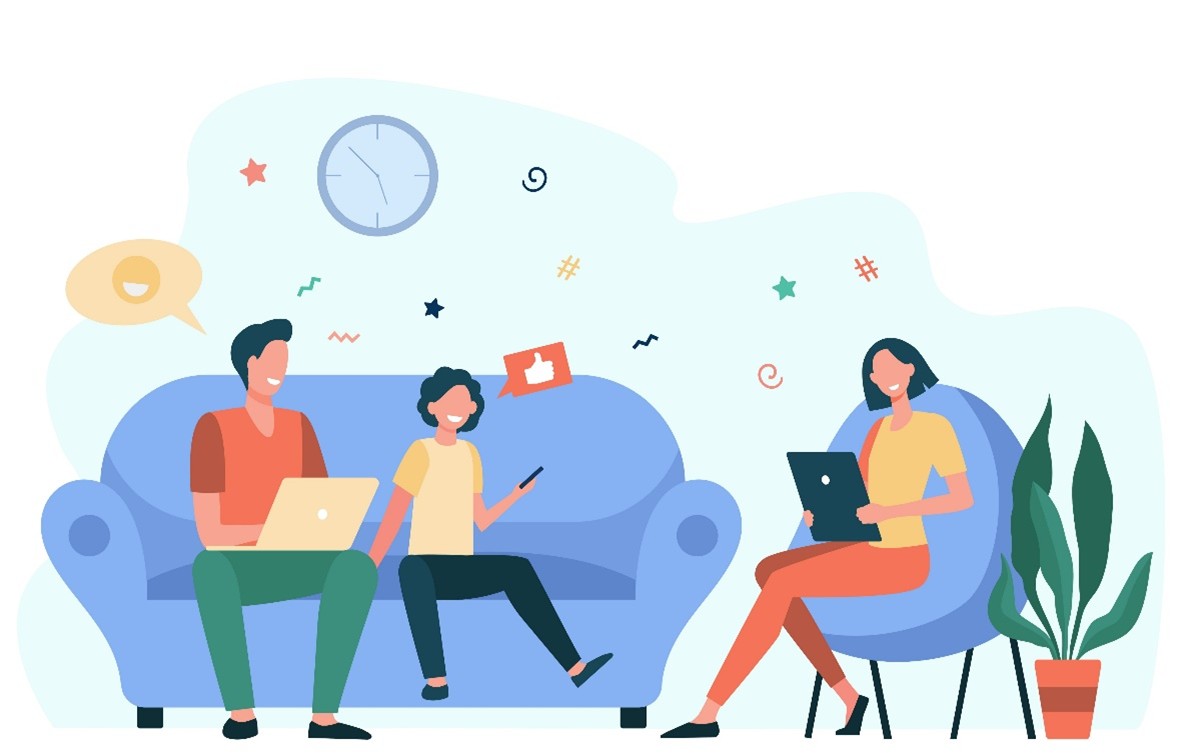 A family of three enjoying devices for entertainment