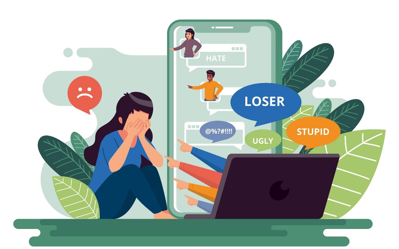 Illustration of a distressed teen girls with a laptop and a smartphone with hate messages and insults.