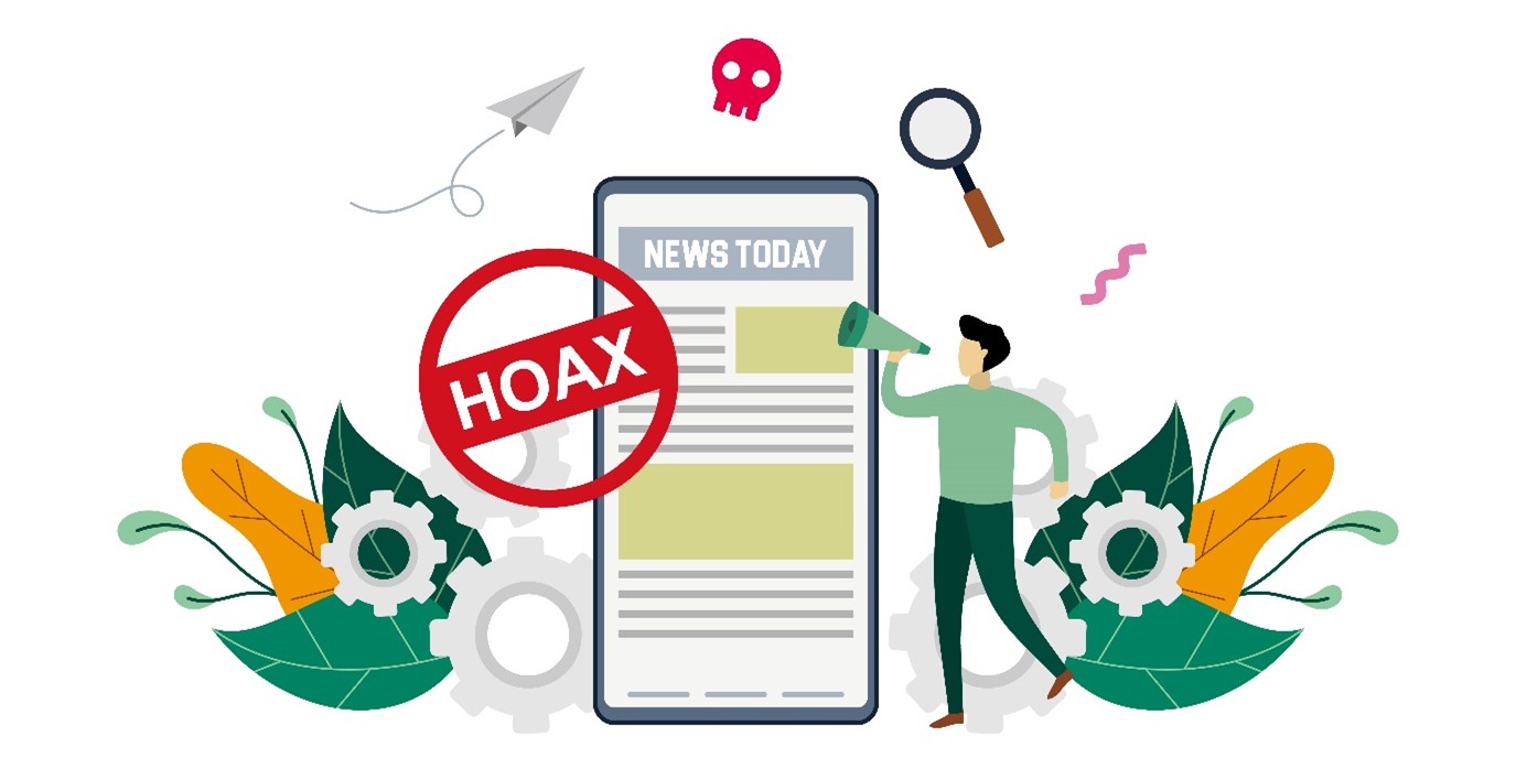 Illustration of a smartphone with a 'news today' tab open that is labelled as a hoax, fake news.