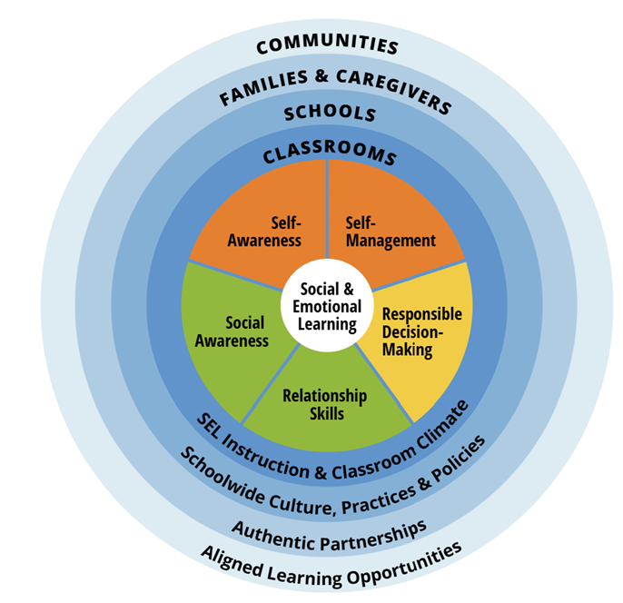 Graph of the Social & Emotional learning, comprising social awareness, self-awareness, self-management, responsible decision-making, relationship skills. Fuller explanation at the link below