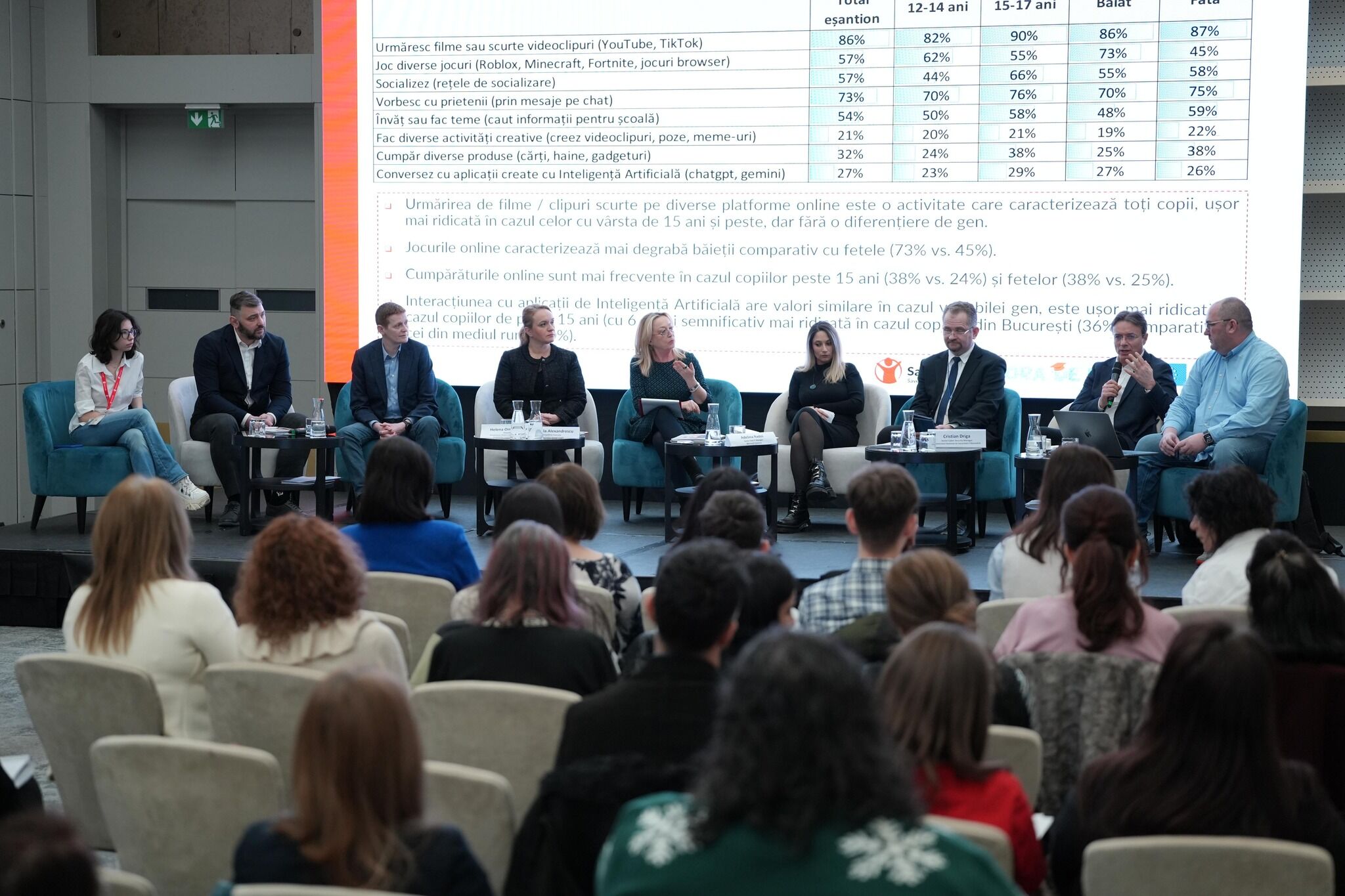 Panel featuring nine speakers on stage during the SID high-level event in Romania