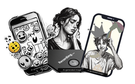 Illustrations of two smartphone screens with a livestream and reactions and emoji, and a sad girl in the middle. AI-generated image.