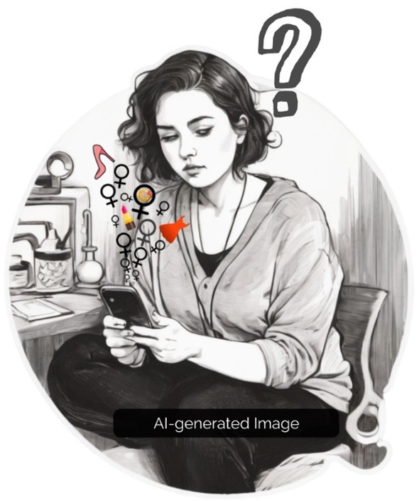 An illustration of a female teenager holding a smartphone with a lot of reactions/interactions and a puzzled look. AI-generated picture