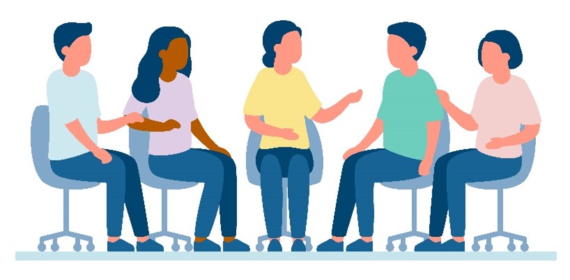 An illustration of a group of people sitting in chairs and chatting