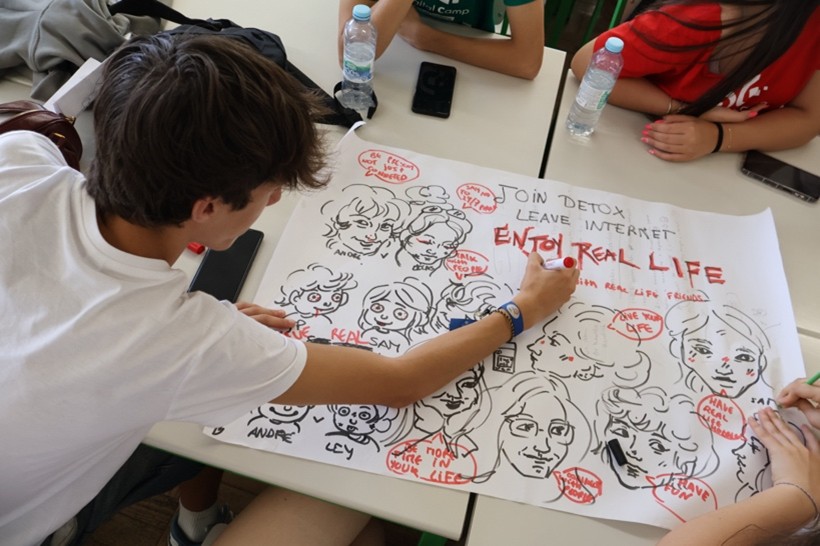 Another young boy drawing doodles on a large piece of paper. Text reads "join detox", "leave internet", and "enjoy real life"