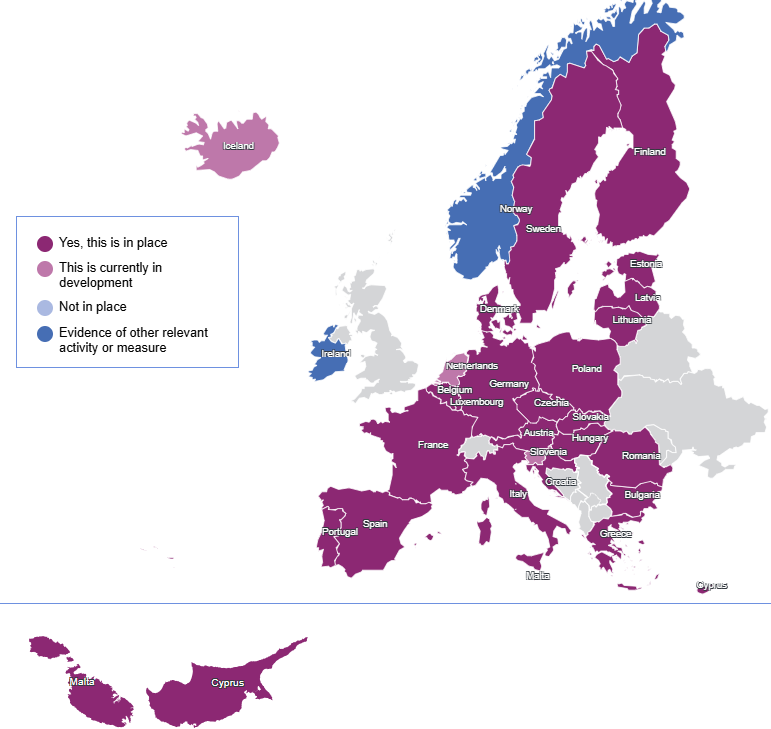 Map from the BIK Policy monitor section showing data from the 2025 BIK Policy monitor (dimension '2-BIK+ Actions', topic '1-Safe digital experiences', item '3.5-Complaints handling mechanism'