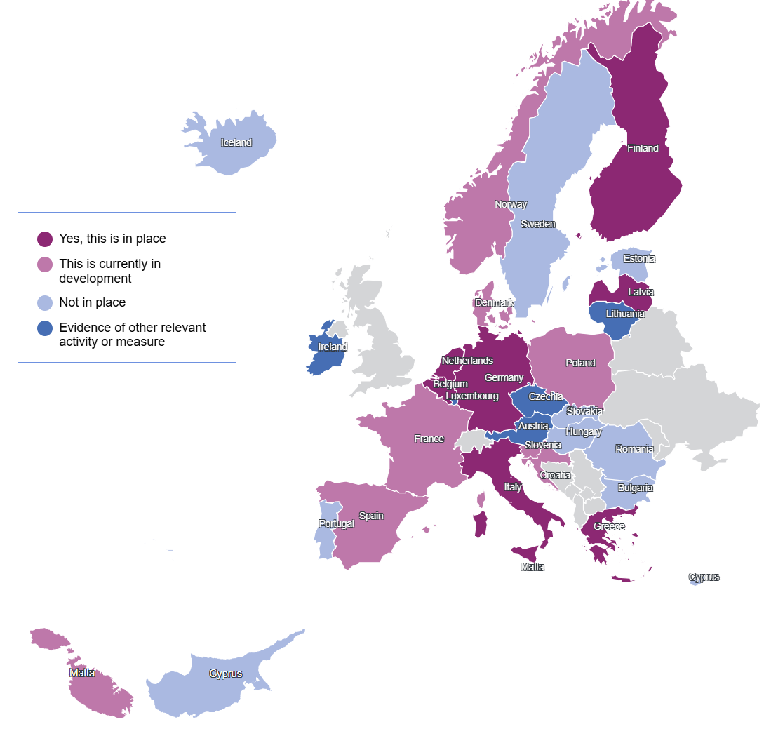 EU Map showing data from the 2025 BIK Policy monitor (dimension '2-BIK+ Actions', topic '1-Safe digital experiences', item '3.9-EU Digital Identity Wallet (EUDI)).