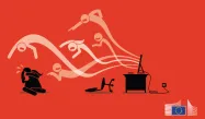 Illustration of negative characters coming out of one's computer and making the other fall on the ground