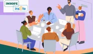 Illustration of a group of colleagues getting together to discuss, and the joint Insafe-INHOPE logos
