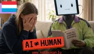 AI ≠ Human campaign poster featuring a sad young girl and Rene the mascot comforting her
