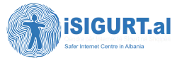 Logo of the Safer Internet Centre in Albania showing a child at the centre of fluid circles meaning the digital space, while on the side the words iSIGURT.al are shown