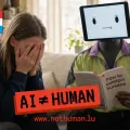 AI ≠ Human campaign poster featuring a sad young girl and Rene the mascot comforting her