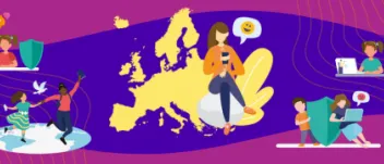 The BIK+ strategy identity featuring a set of faceless characters with devices and books, and the map of Europe