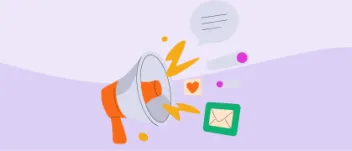 An orange and white megaphone with speech bubbles, notes and exclamation marks around it