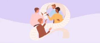 An illustration of a group of three people all writing on a long piece of paper