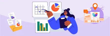 A cartoon woman looking at charts and graphs, surrounded by forms and other graphs