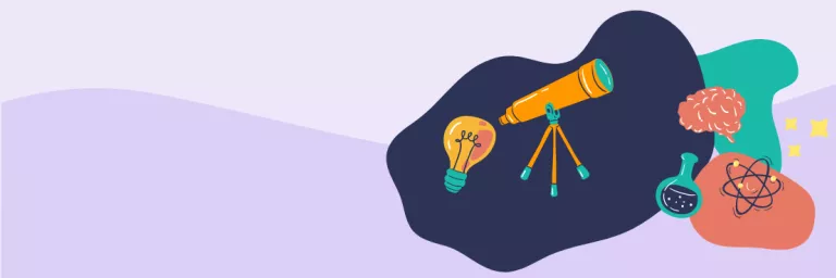 A telescope, brain and chemistry lab equipment