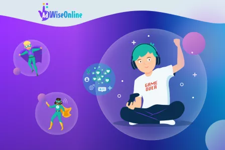 Banner with the AdWiseOnline campaign logo and the visual element of a boy playing an online game