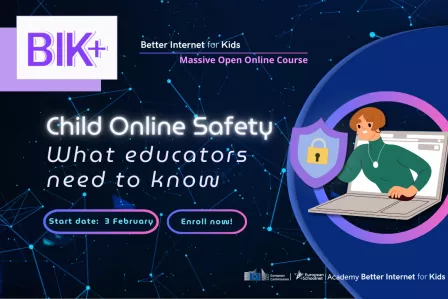 BIK MOOC banner: a starry galaxy with a teacher popping out of a screen with a shield.