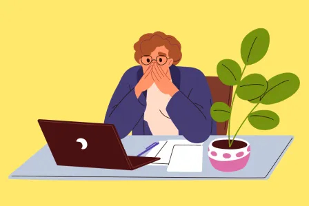 Illustration of a young boy in front of a laptop looking worried