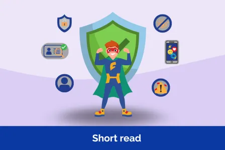 Young person dressed as superhero in front of a shield smiles, protected from different risks (like inappropriate content) symbolised by icons surrounding him