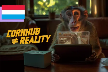 Poster of the campaign "Cornhub is different from reality" featuring a monkey watching porn content