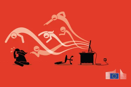 Illustration of negative characters coming out of one's computer and making the other fall on the ground