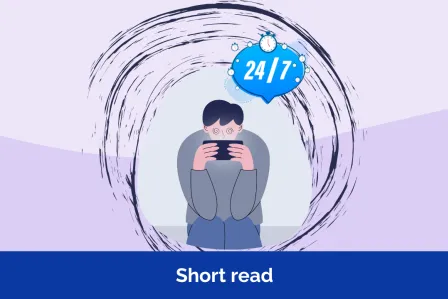 Cartoon illustration showing excessive use of technology by a boy on a phone