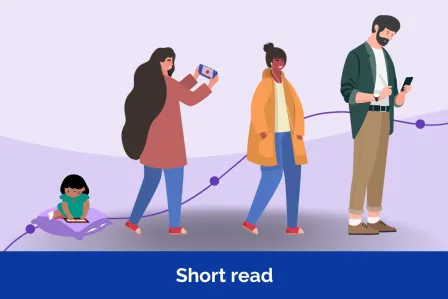 Four people, from child to adult, in a evolution-like pose